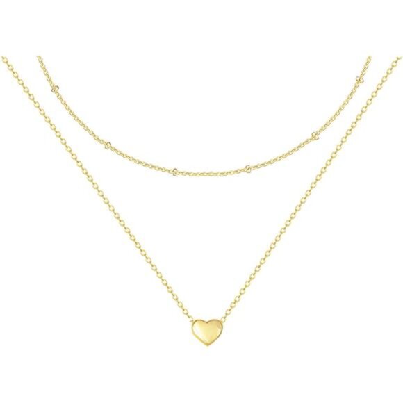 Heart Necklace for Women, 14K Gold Plated Layered Tiny Puffy Heart Pendant - Picture 1 of 7